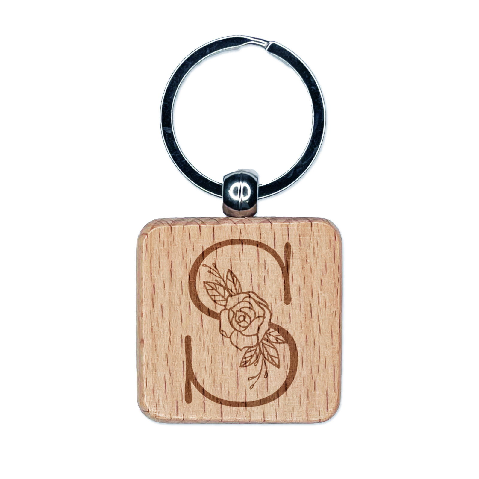 Rose Typewriter Font Capital Letter S Engraved Wood Square Keychain Tag Charm