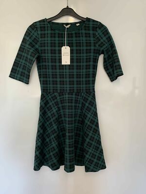 Jack Wills Leavett Skater Jersey Dress Green Tartan Check Size