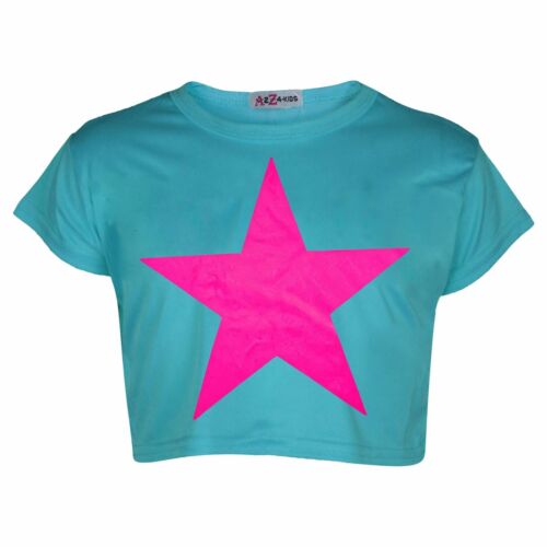 Kids Girls Crop Top Star Print Turquoise Stylish Fashion T Shirt Tops 5-13 Years - Picture 1 of 4
