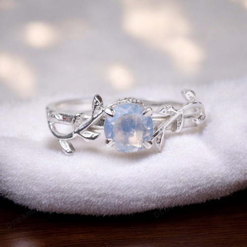 14k Solid Gold 5MM Round Cut Natural Moonstone Twig Leaf Branch Women Gift Ring - Picture 7 of 9