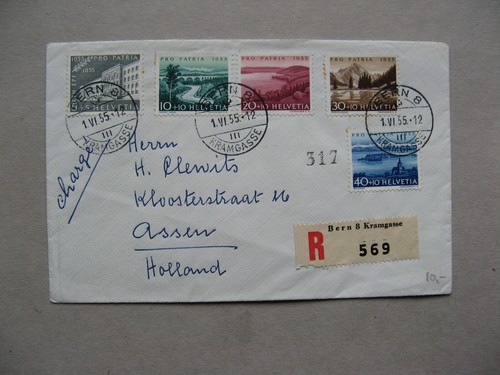 SWITZERLAND, R-cover FDC to the Netherlands 1955, set Pro Patria landscapes