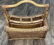 Vintage Bamboo Wicker Basket Utensil Caddy Storage Organizer 11.5” X 11”