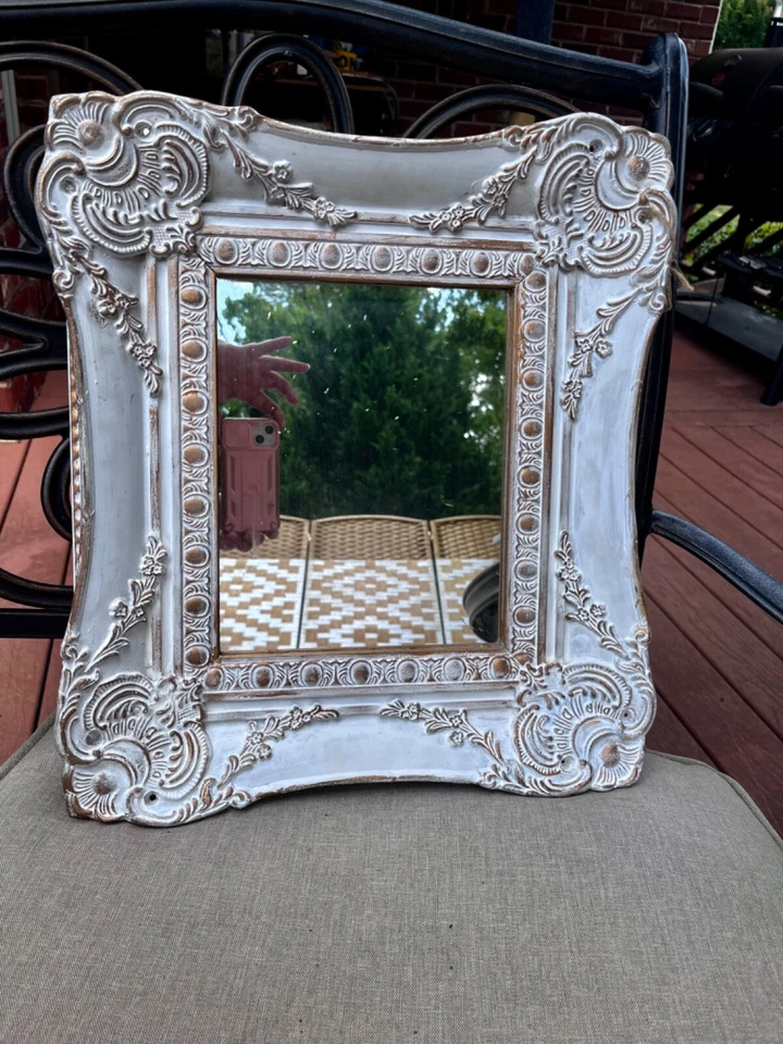 Vintage Antique White gilded ornate Wood Wall Mirror 15x17” - Image 2 of 4
