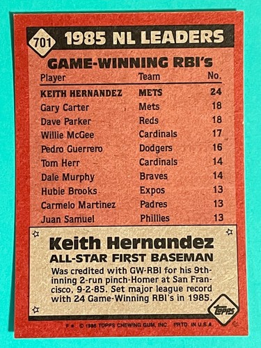 1986 Topps #701 N.L. All Star Keith Hernandez - New York Mets - Picture 2 of 2