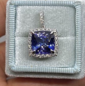Authentic 2.80Ct Cushion Cut Natural Tanzanite Halo Pendant 14K White Gold Plated 18 Chain