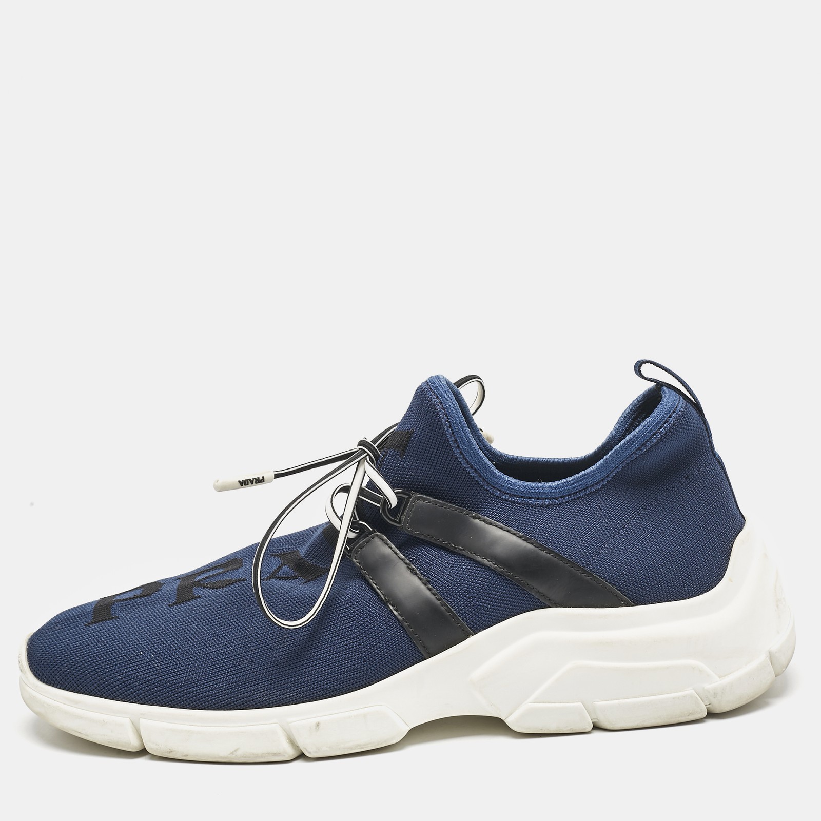 Prada Blue Black Knit Leather XY Logo Low Top Sneakers Size 38