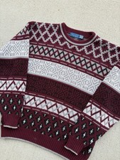 Vtg 90s Towncraft Crewneck Sweater Maroon Grey Fall Grandpa Style Knit Men s M
