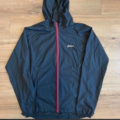ASICS Men's Black Red Windbreaker Full-Zip Hooded Jacket Size S