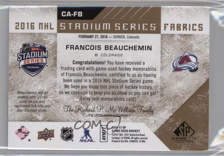 2016-17 SP Game Used Stadium Series Fabrics /35 Francois Beauchemin #CA-FB Patch - Image 2 of 2