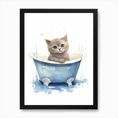Gerahmtes Wandbild Poster Leinwanddruck Scottish Fold Katze in Badewanne Bad