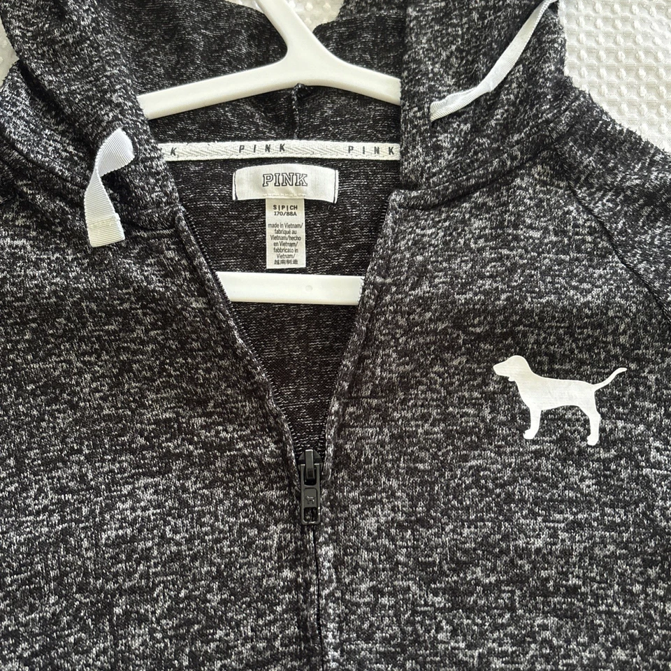 Victoria’s Secret ROSA Negro y Blanco Cremallera Sudadera con Capucha Talla Pequeña Foto 2 de 3