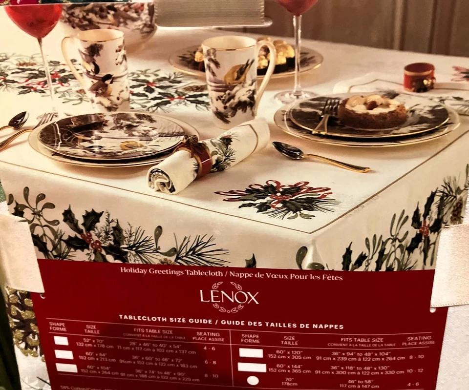🎄Lenox HOLIDAY GREETINGS 60 x 120” Ivory Tablecloth Christmas Ribbon Holly Pine - Image 2 of 4