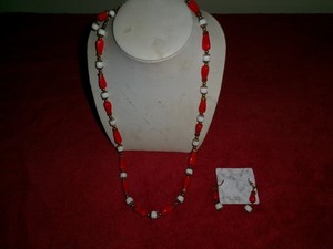 Vintage red/ milk glass beaded necklace with earrings