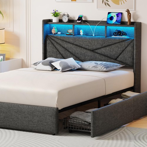 King Size Bed Frame with 4 Storage Drawers, Upholstered King Bed Frame with C...