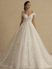 Reino Unido Lentejuelas Encaje Hombro Descubierto Novia Novia Una Línea Brillo Vestidos de Boda