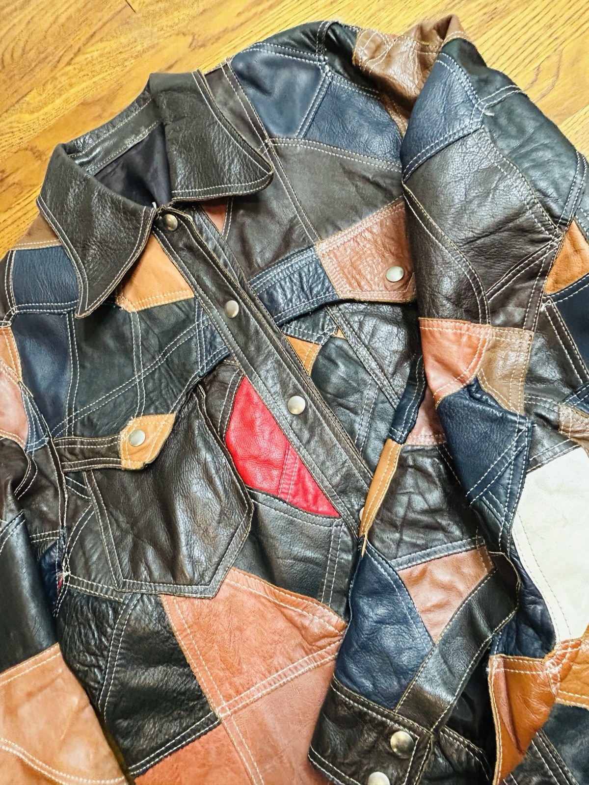 VTG 70s Patchwork Leather Jacket Blazer Coat For … - image 9