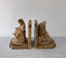 Unusual Pair Vintage Patinated Plaster Bookends Depicting Monks Grand Tour Style