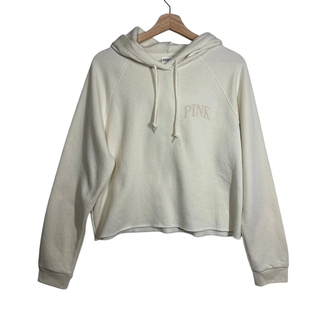 Victoria’s Secret PINK Cropped Hoodie Cream Fleece Raw Hem Logo NWT Sz L Cozy