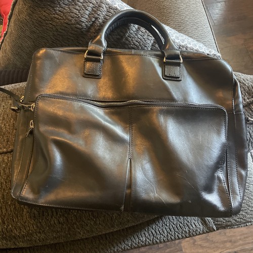 John Varvatos Black Vintage Genuine 100% Leather Laptop Bag Missing Shoulder Str - Picture 2 of 7