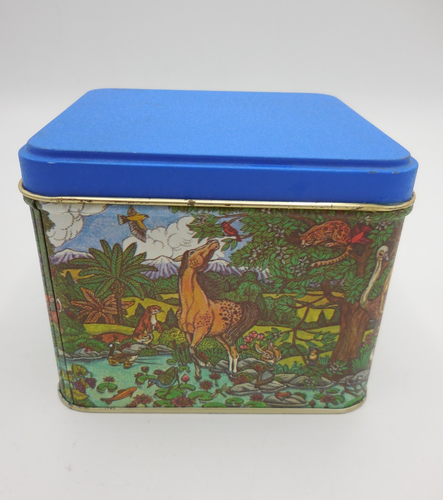 Vintage Potpourri Press Tin Box Blue Animals Panda Elephant Fox Giraffe - Picture 4 of 6