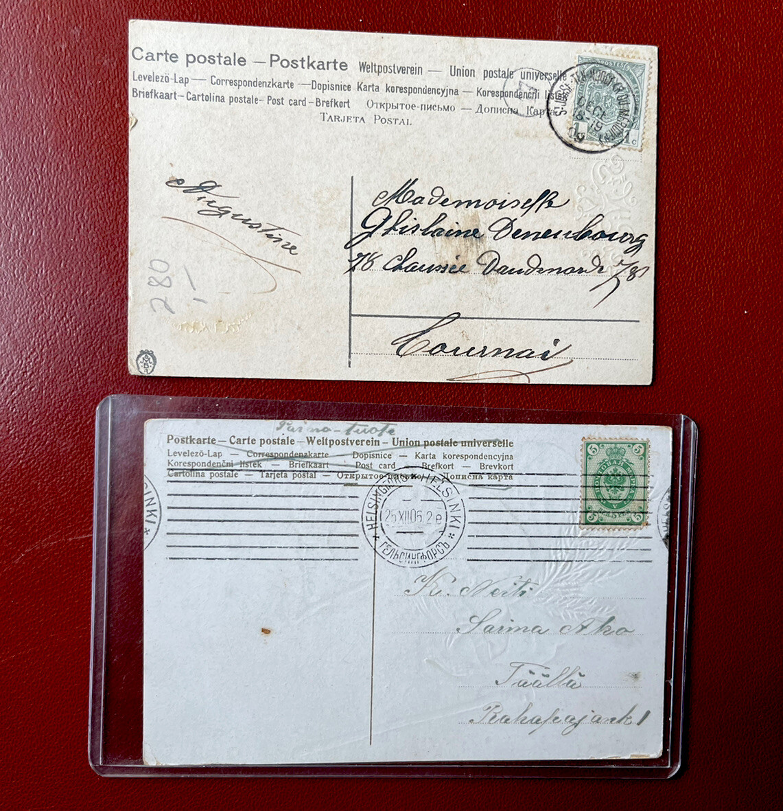 2 Antique Santa Postcards Brown (1906) Red (1909) Coats. Russian