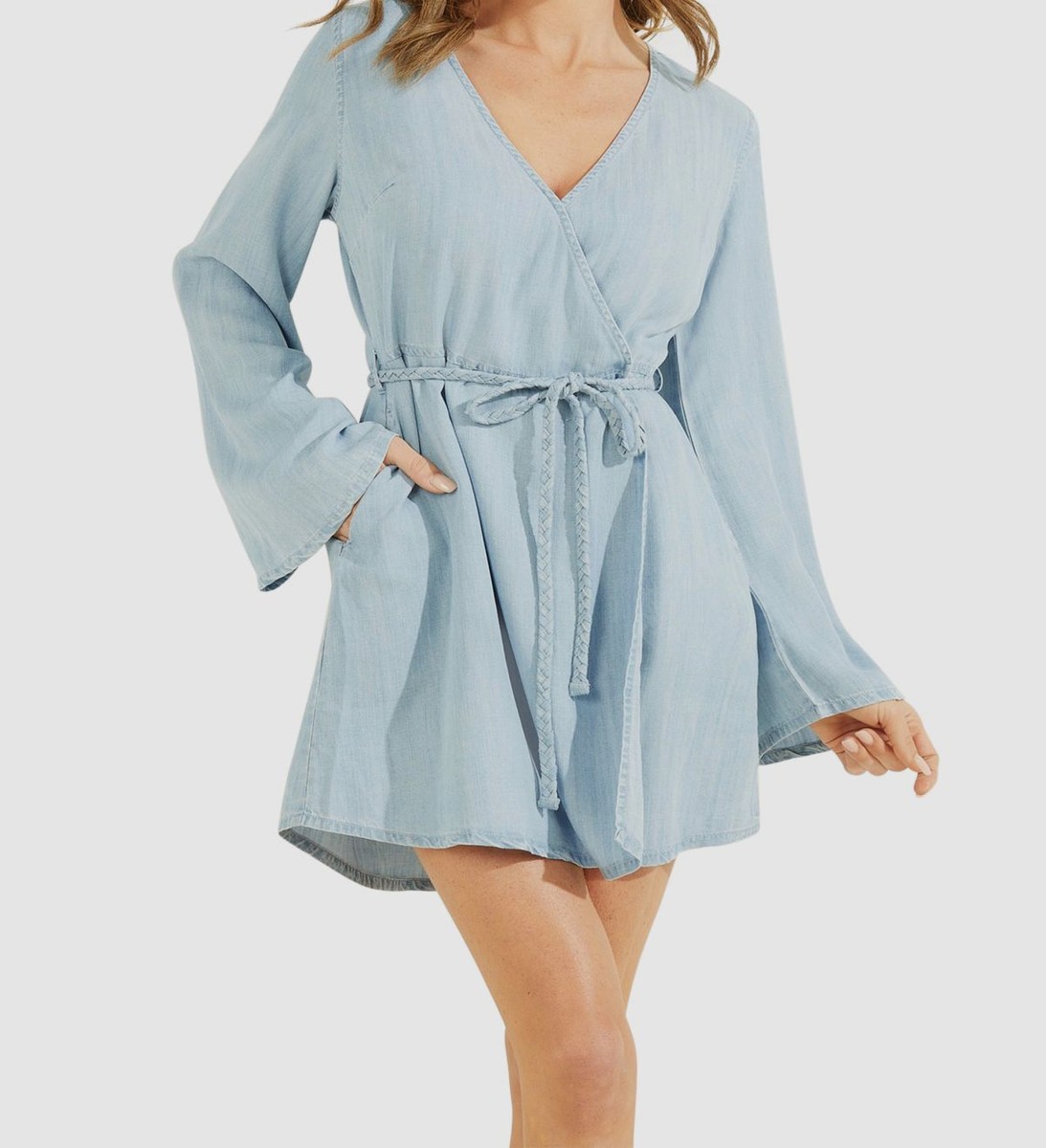 guess light blue dress Women's Zinnia Long-Bell-Sleeve Lyocell Wrap Belted Size L Linen dress Size:ML (UK 10/12)+ Shawl (Grey) Pleated full skirt CN Mallory literally made me