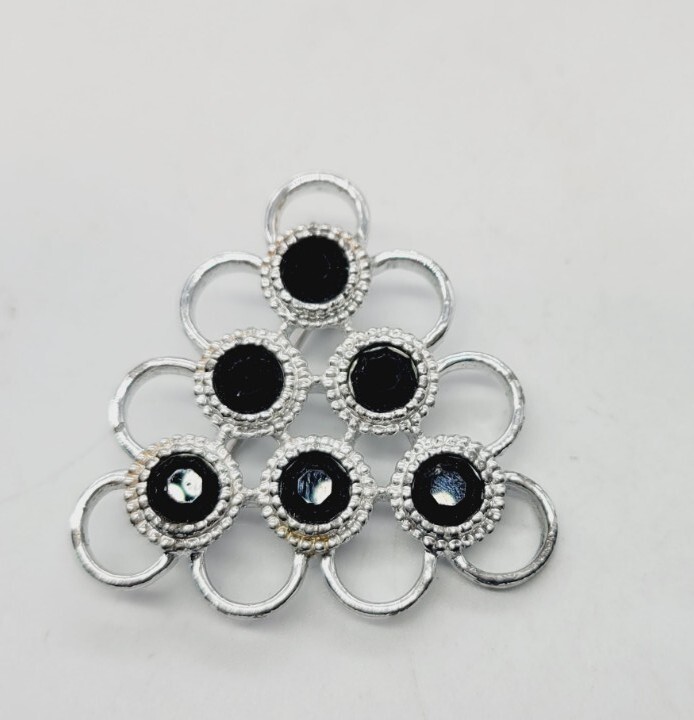 Sarah Coventry Brooch Triangular Silver Tone Blac… - image 2