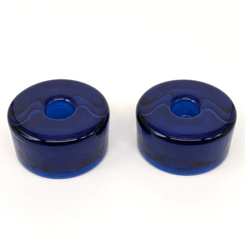 Blenko Taper Candle Stick Holders Set of 2 Cobalt Blue Art Glass Heavy Puck EUC