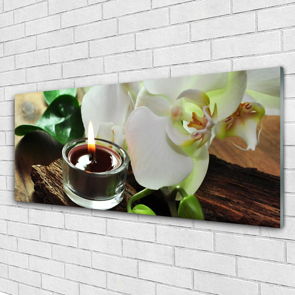 Tableau sur verre floral de 125x50 cm avec motif de bougie et fleur pour salon