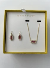 Kendra Scott Red Glass Pink Emma Framed Pendant Necklace Drop Earrings Set NIB