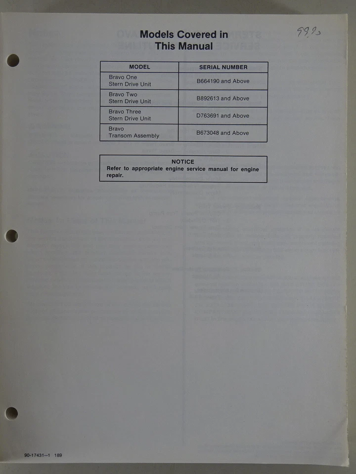 Manuale Di Officina Mercury MerCruiser Bravo Stern Drive Anno 1992 - Immagine 2 di 4