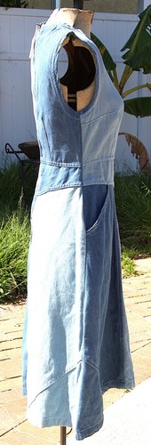 Blue Denim A-Line Shift Dress 2 Midi Sleeveless Cottage Core Patch Work - Picture 3 of 8