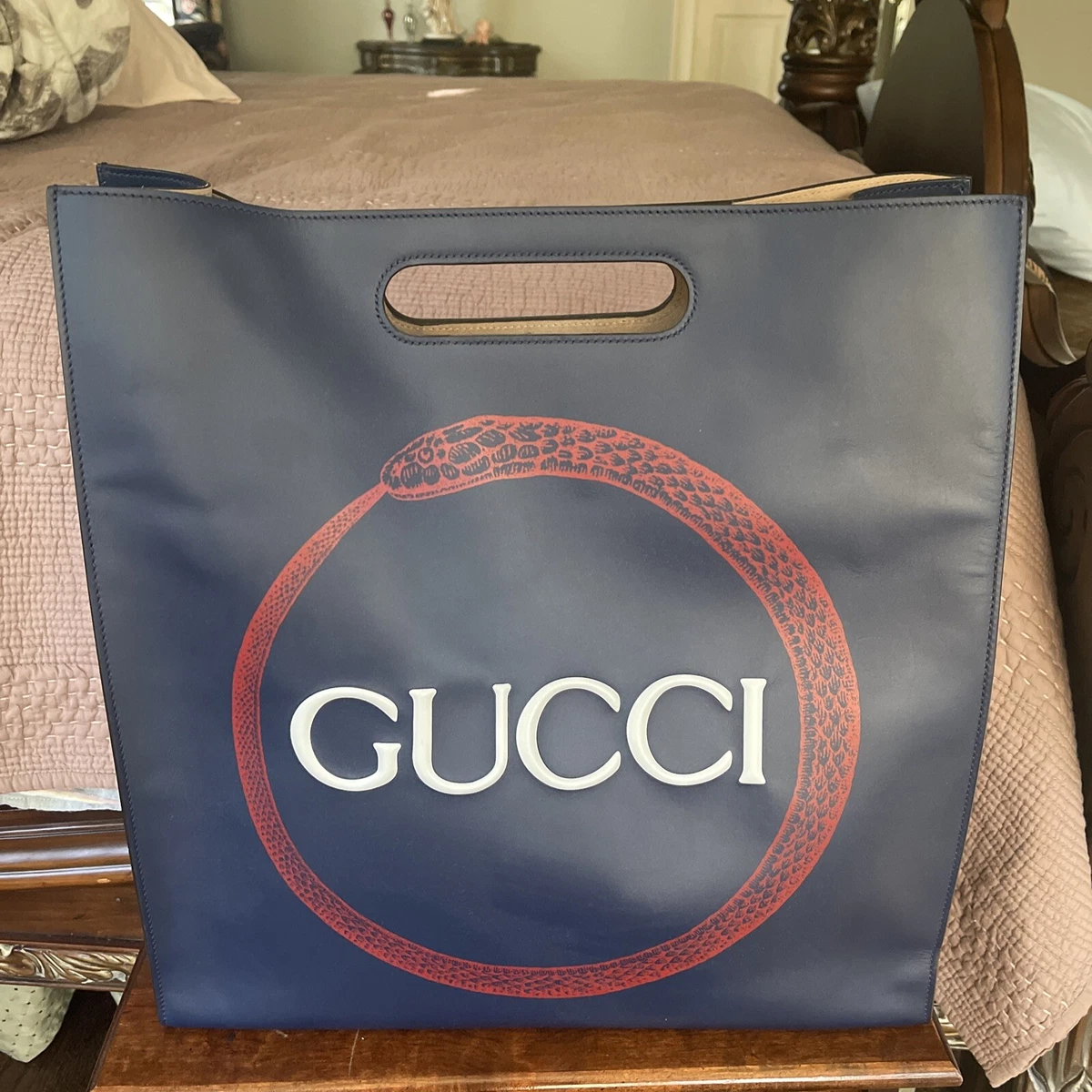 Authentic Gucci Embossed Tote Bag Square Navy Blue Cut Out Handles