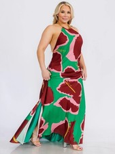 Plus Size Sleeveless Maxi Dress 1X Open Back Halter Neckline