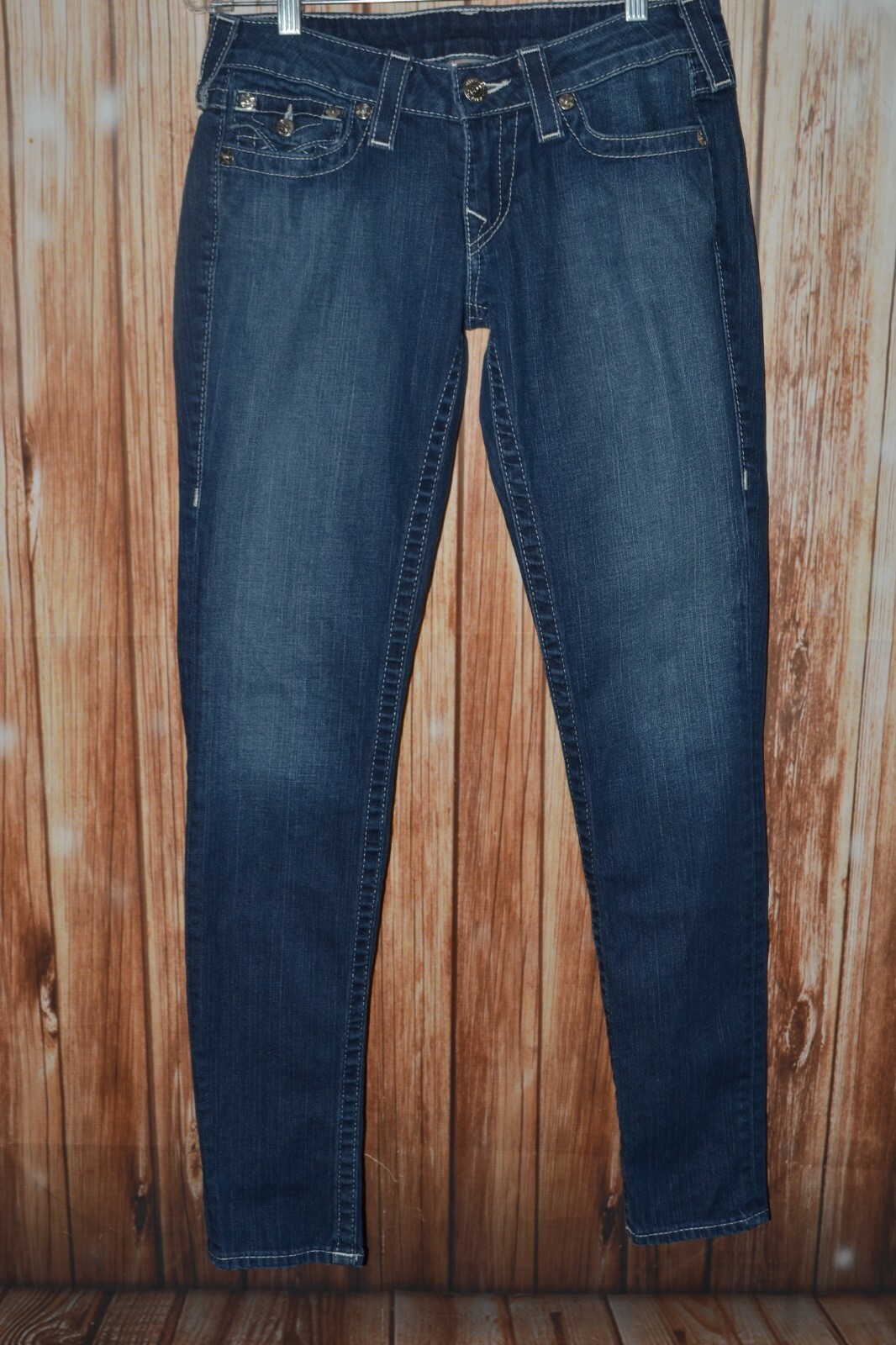 True Religion Women's Skinny Pocket Flaps Blue Denim Jeans Sz 28x32 thumbnail 4