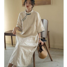 Style Chinois Hanfu Robe Femme mi-Longueur Qipao Manche Courte Qipao Ethnique