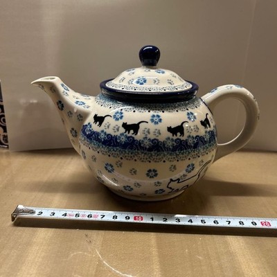 Polish Pottery Tea Pot Ceramika Artystyczna Black Cat Blue Flower 0.9L Blue 20cm