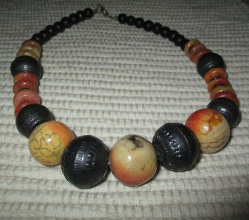 Vintage HUGE CHUNKY ARTISAN Bead Necklace Ceramic Metal Wood & Lucite WAY COOL!