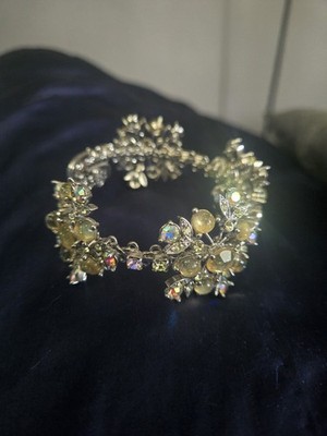 Vintage Tiara Misu Floral Cluster Link Bracelet Silver Tone AB Rhinestones