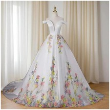 Elegant Off Shoulder V-Neck Wedding Dress Lace-Up A-Line Floor-Length Bride Gown