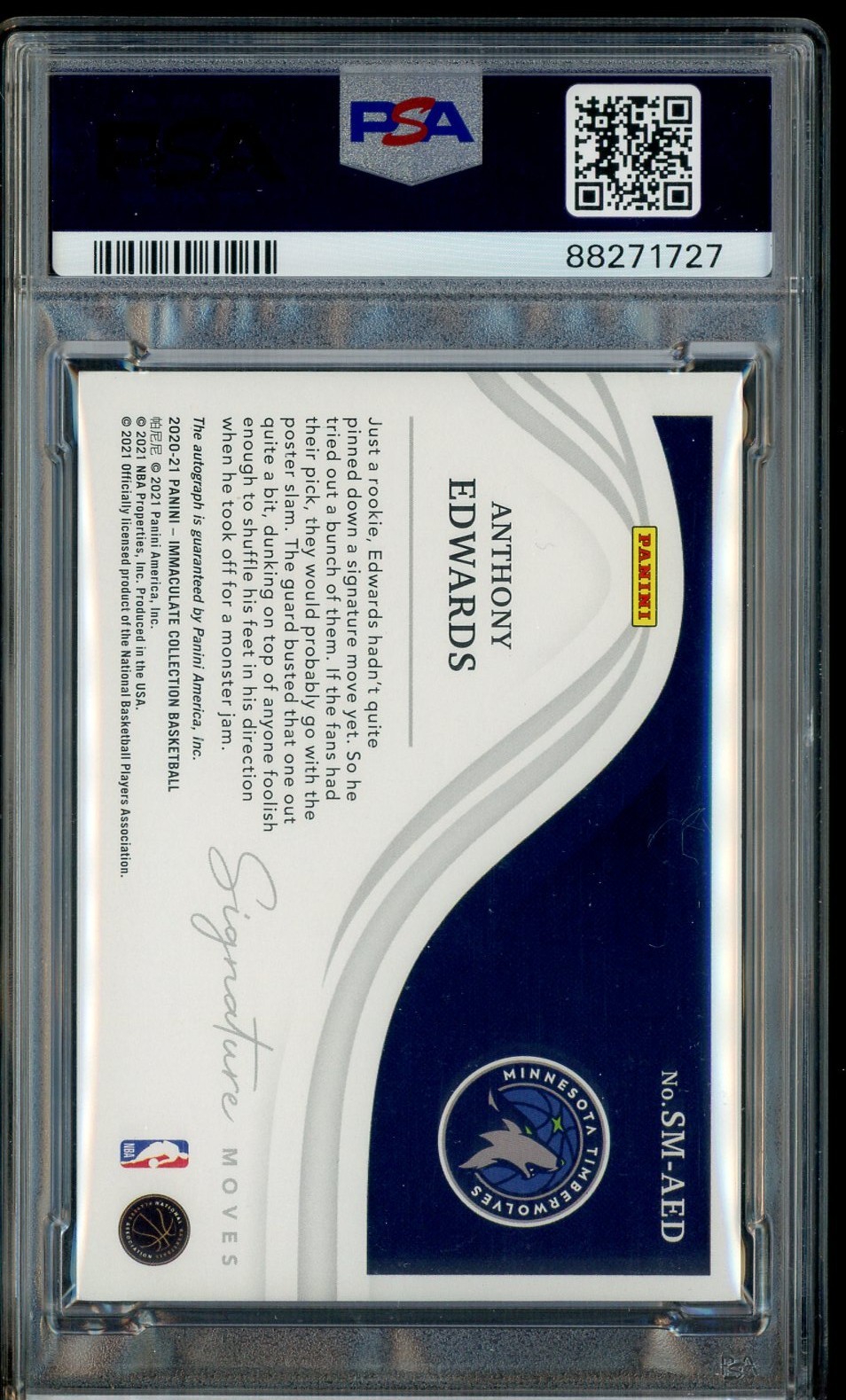 2020-21 Panini Immaculate Signature Moves Anthony Edwards RC /49 PSA/DNA 10 AUTO view 4
