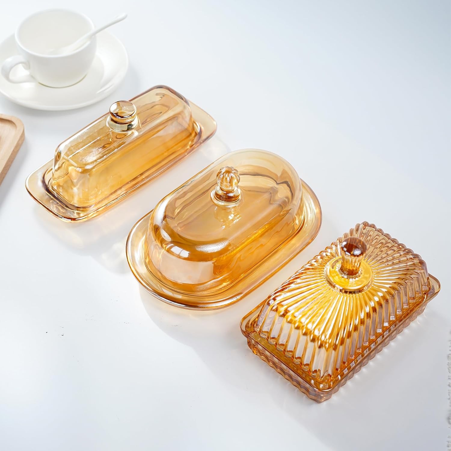 Champagne Vintage Glass Butter Dish with Lid for Countertop, 
