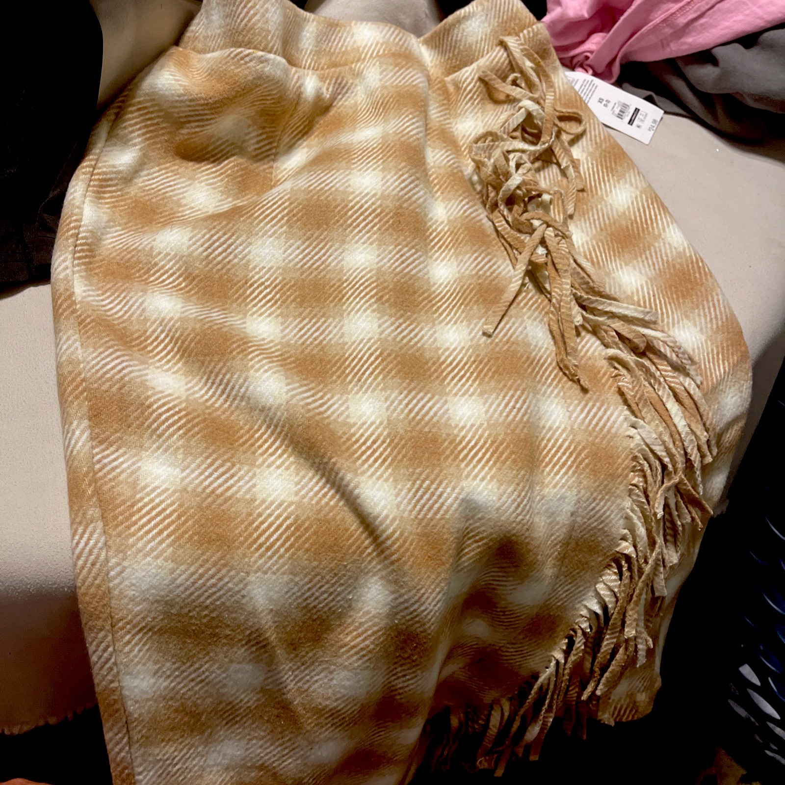 NWT Time & Tru Womens Brown Cream Plaid Wrap Skirt with 5 Fringe Sz XS 0-2