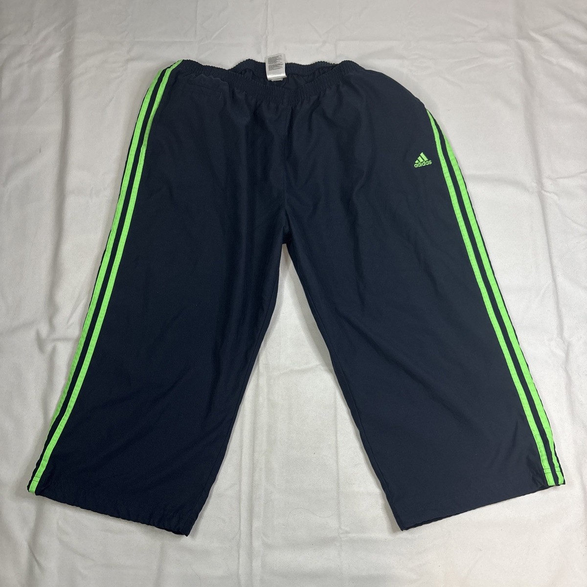 Adidas Mens Navy Capri Track Pants Neon Green Stripes 2XL Elastic - Main Image