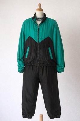 Vintage 90s Silk Club 100% Silk Track Suit Green Black Colorblock Warm Up Set L
