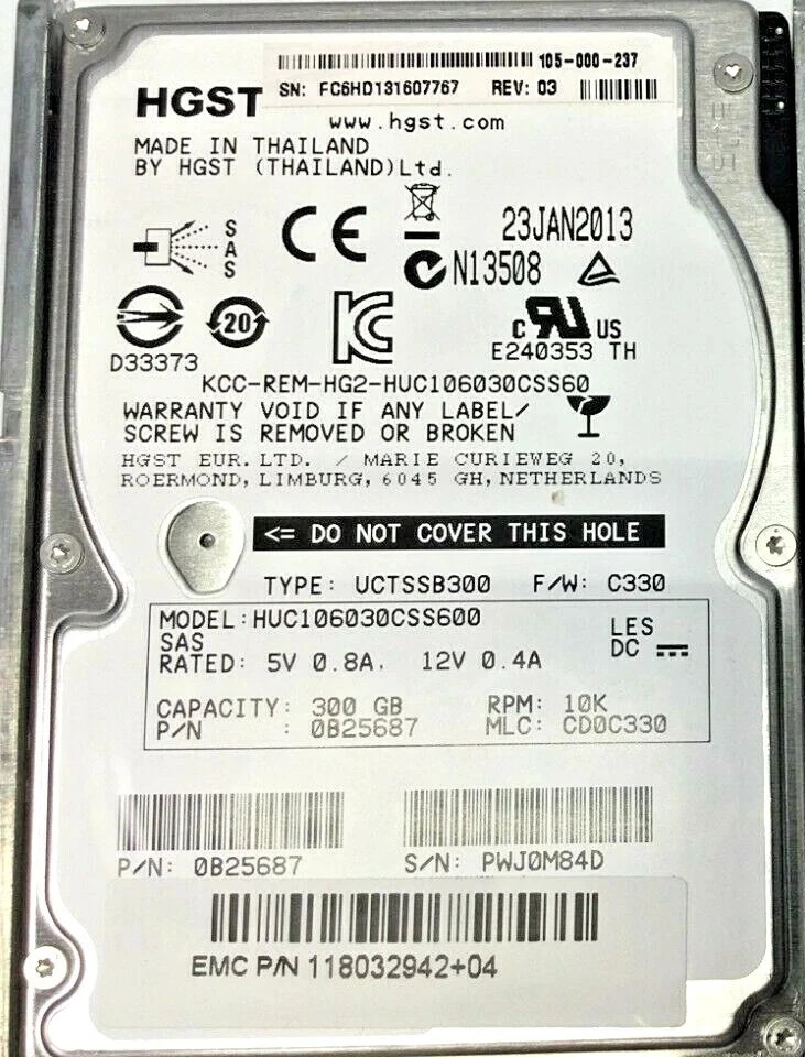 LOT 4 300GB EMC HGST 118032942+04 0B25687 HUC106030CSS600 10K RPM 2.5" SAS HDD - Image 2 of 4