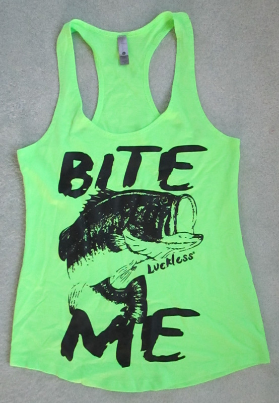 Bite Me Luckless Bass Fishing Women's Tank Top ~ Fluorescent Neon Green ~ M