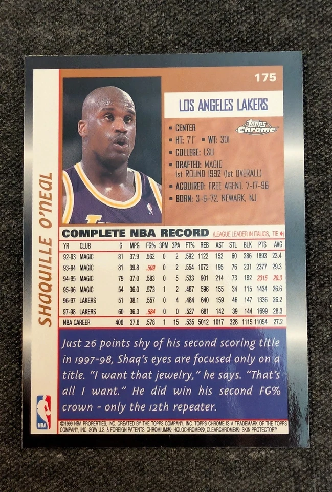 1998-99 Topps Chrome - Shaquille O'Neal #175 Lakers - Gem Mint - Image 2 of 2