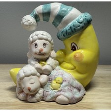 VTG 90s Half Moon Sleeping Sheep Baby Nursery Decor Ceramic Piggy Bank Unisex