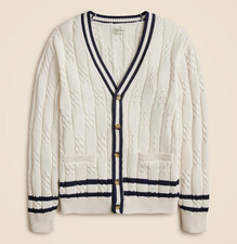 J Crew Cardigan Sweater Mens Cable Knit Varsity White Blue Striped
